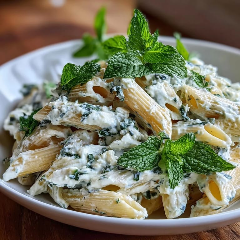 A close-up of pea and ricotta pasta with vibrant green peas and fragrant mint leaves.