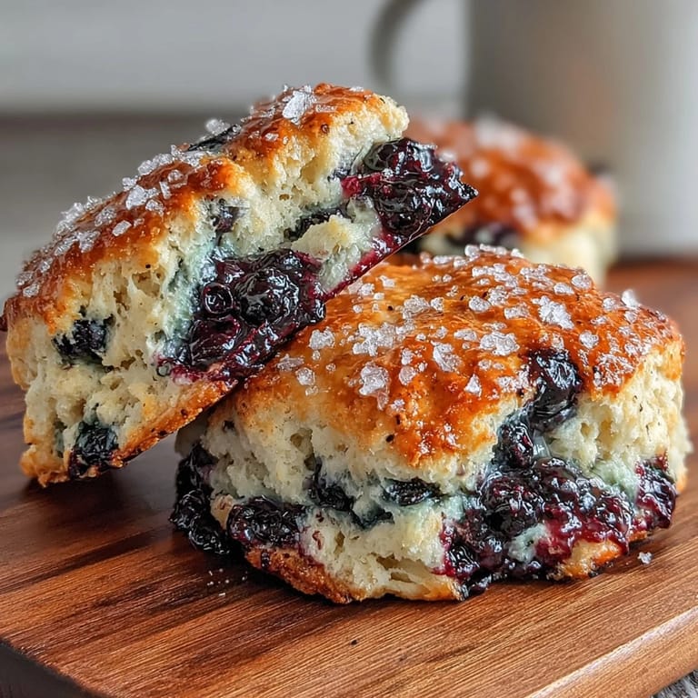 Golden sourdough scones studded with plump blueberries and fragrant lemon zest, served warm with a sprinkle of coarse sugar.