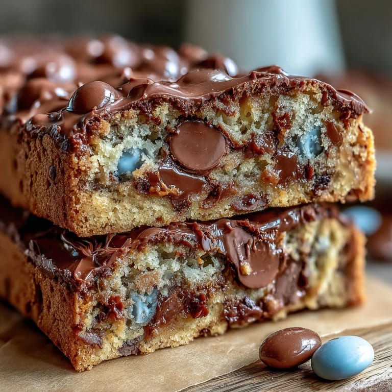 Soft, golden cookie bars packed with Cadbury mini eggs and colorful M&Ms, perfect for sharing at celebrations.  