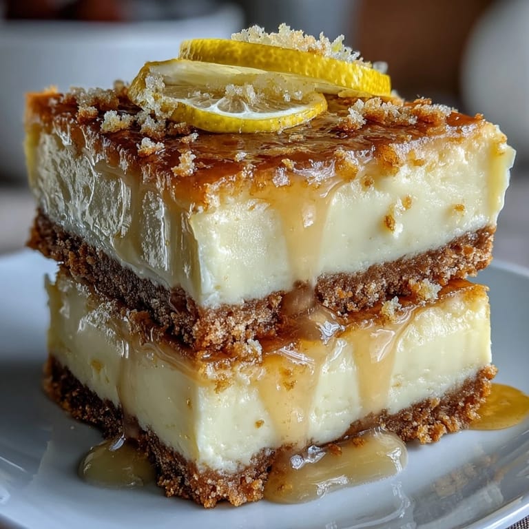 Zesty lemon cheesecake bars infused with limoncello liqueur, served chilled with a crisp graham cracker base and fresh lemon garnish.