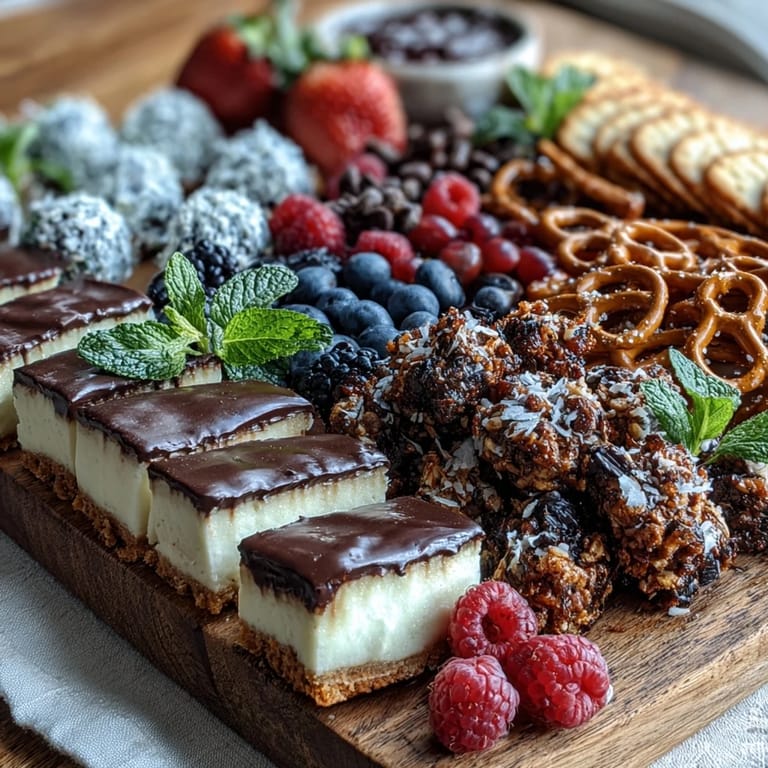 Colorful assortment of mini brownies, lemon bars, truffles, and fruit tarts on a dessert board.