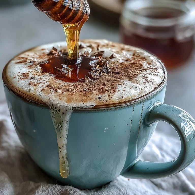 Warm dandelion tea latte with frothy oat milk and a drizzle of honey, ideal for chilly mornings.  