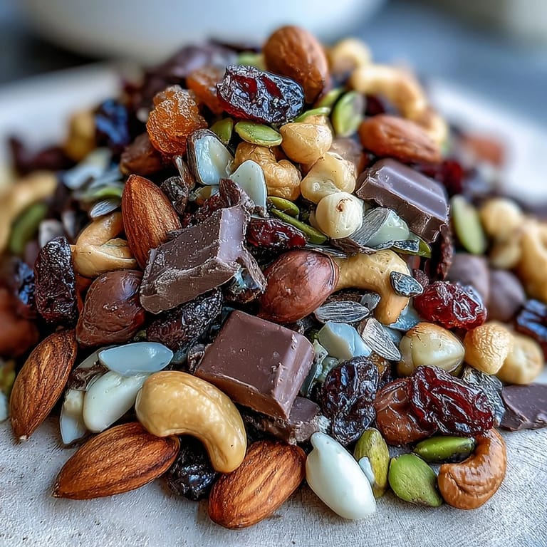 A vibrant mix of nuts, seeds, and rich dark chocolate chunks, perfect for an energizing homemade trail mix on the go.