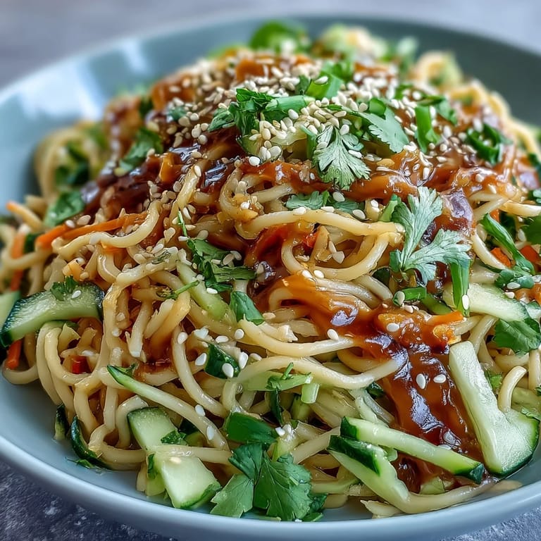 Creamy sesame noodles topped with crisp cucumber slices, shredded carrots, and fresh herbs. A cool, satisfying vegetarian meal with bold, nutty flavors.