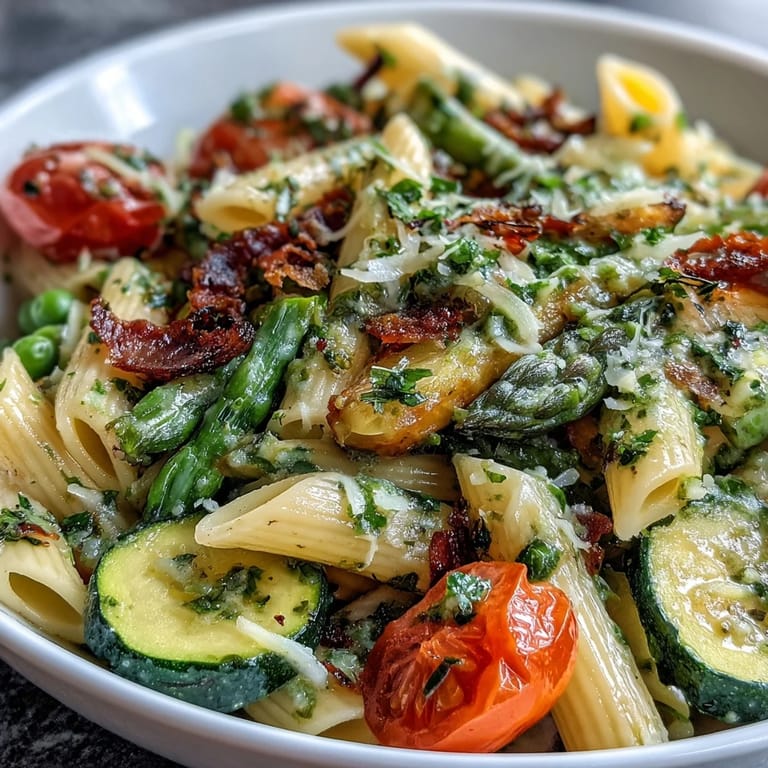 Easy spring pasta primavera recipe with crisp seasonal vegetables and a light parmesan dressing.