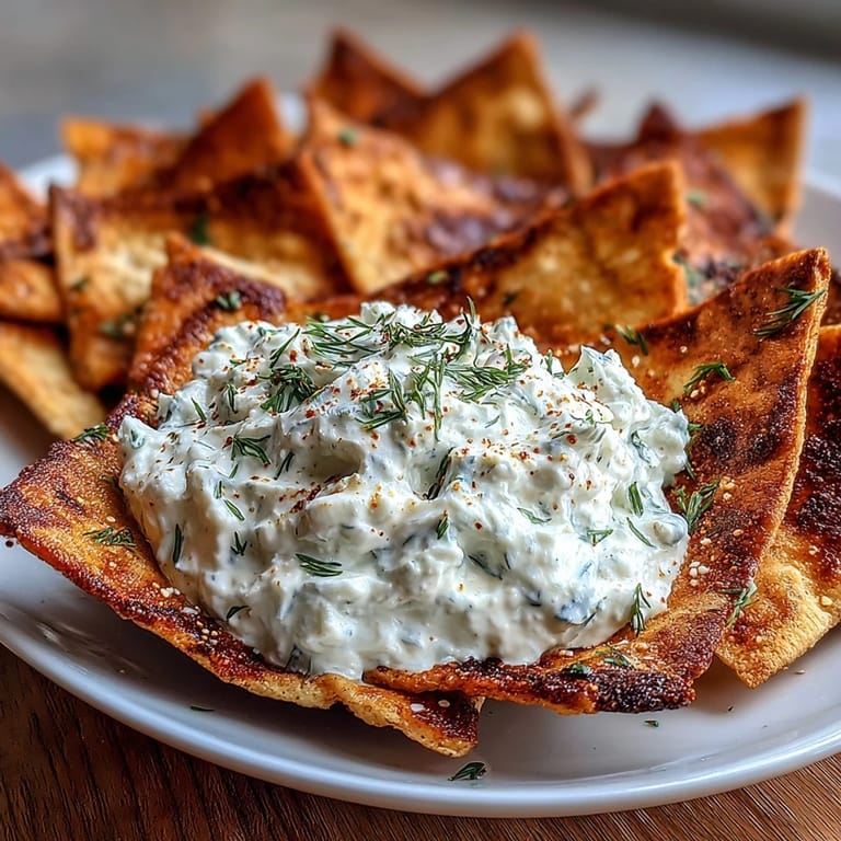 Enjoy easy homemade pita chips and refreshing tzatziki, a delightful crunchy snack.