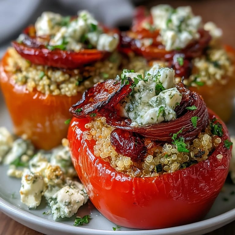Healthy quinoa stuffed bell peppers with Mediterranean herbs, roasted vegetables, and creamy goat cheese, perfect for a satisfying vegetarian meal.