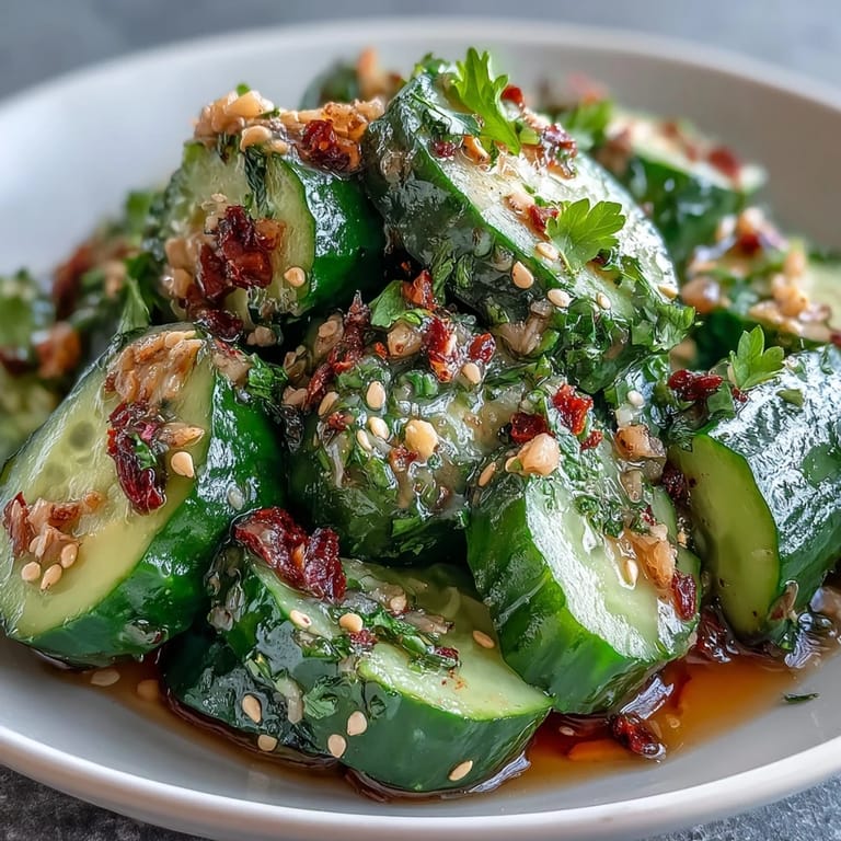 Crisp cucumbers smashed and tossed in tangy rice vinegar dressing, topped with chili oil and toasted sesame seeds.