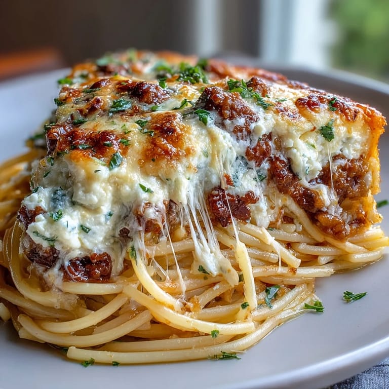 Indulgent Million Dollar Spaghetti baked to perfection with savory beef, Italian sausage, and layers of gooey cheese in every bite.