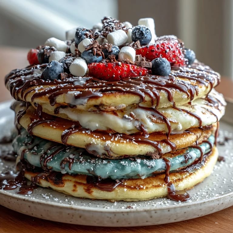 Creative Easter Egg Pancakes in pastel hues, adorned with mini chocolate chips, berries, and coconut for a cheerful morning feast.