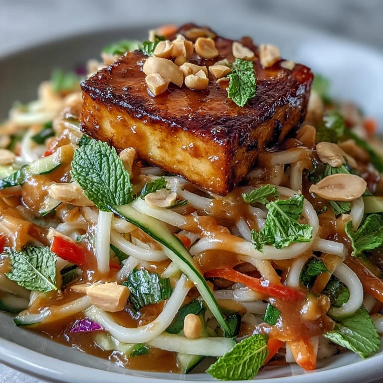 Colorful Thai mango salad with crunchy vegetables, juicy mango, crispy tofu, and creamy peanut sauce, garnished with fresh mint and cilantro on a rustic wooden table.