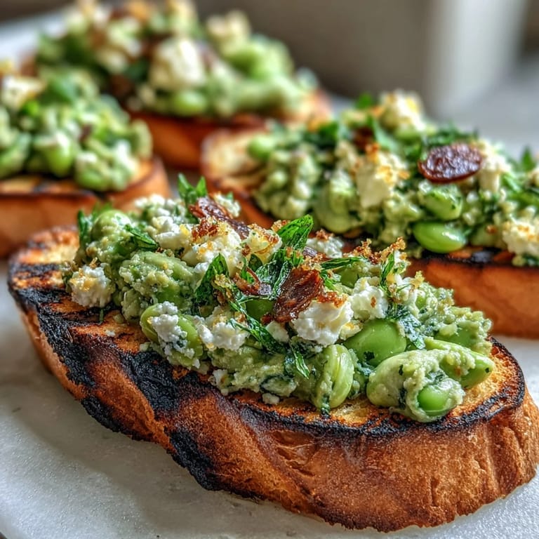 Vibrant green fava bean mash with fresh mint and lemon zest spooned over charred sourdough slices.