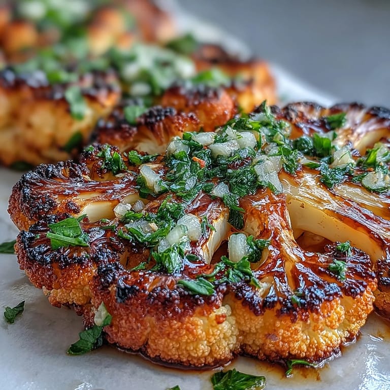 BBQ cauliflower steaks sizzle on the grill, infused with cumin and garlic, finished with zesty herb chimichurri.  