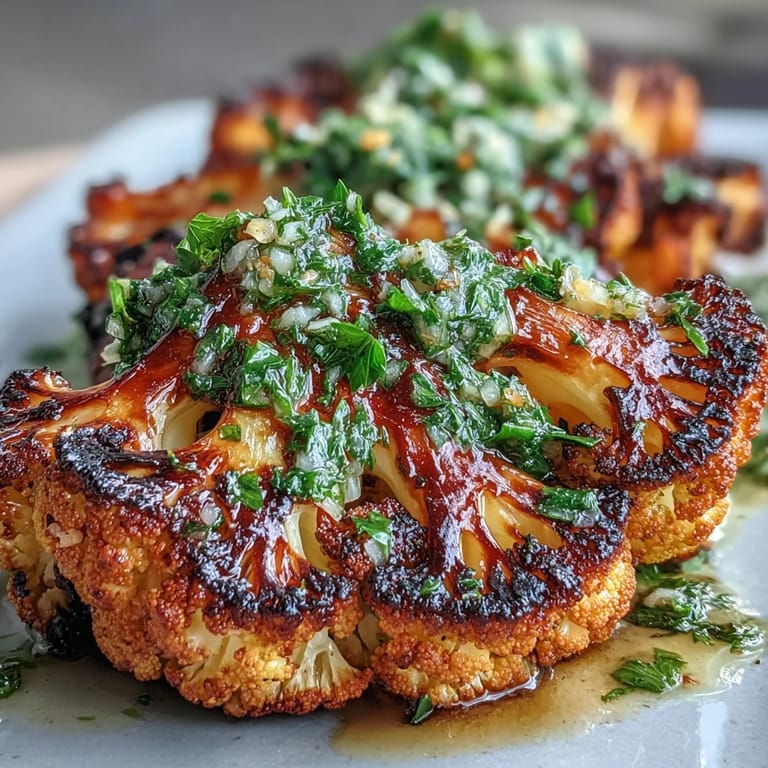 Tender cauliflower steaks, smoky and seasoned, served with fresh parsley-cilantro chimichurri for a bold, vegan main dish.