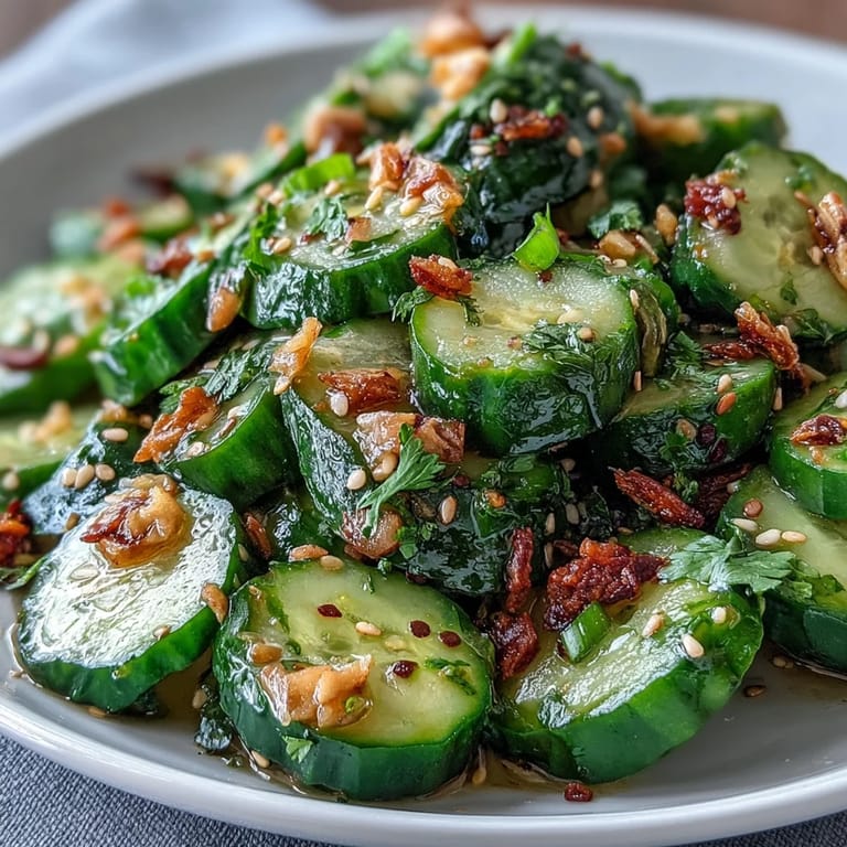 Refreshing smashed cucumber salad with bold garlic and chili flavors, finished with fragrant sesame oil and fresh herbs.