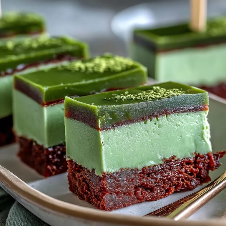 Chilled yokan with red bean and matcha layers, sliced into neat squares for an elegant Japanese dessert presentation.