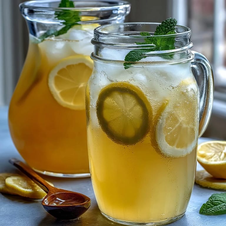 A glass of tangy Sparkling Fermented Lemonade with a golden hue, served over ice with a sprig of fresh mint.  