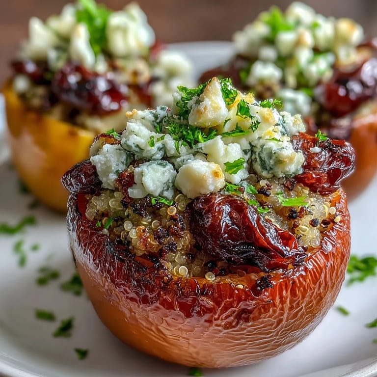 Colorful bell peppers filled with fluffy quinoa, roasted zucchini, and cherry tomatoes, topped with melted goat cheese.  