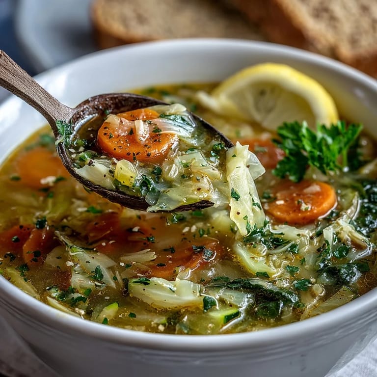 Light and nourishing cabbage soup with ginger, turmeric, and colorful vegetables in a clear broth.