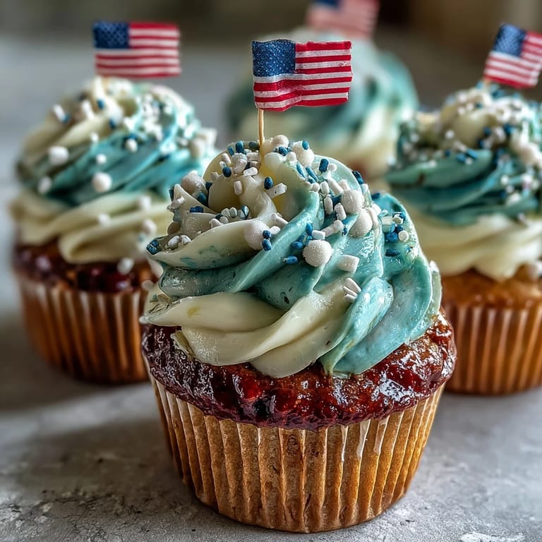 Delicious Star-Spangled Banner Cupcakes, perfectly frosted with patriotic swirls for any celebration.