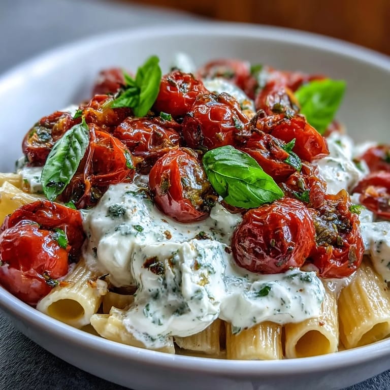 Close-up of Summer Caprese Pasta with Burrata, overflowing with ripe tomatoes and basil.