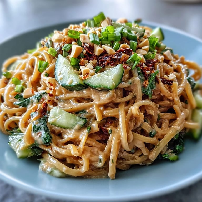 Tempting photo of Cold Peanut Sesame Noodles topped with crunchy peanuts and fresh herbs.
