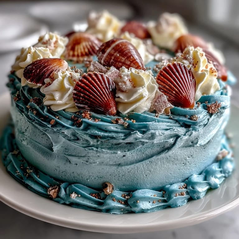 Vivid Cancer Zodiac Cake: enchanting ocean blue buttercream layered with edible seaside treasures.