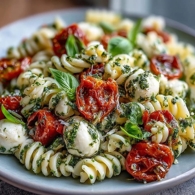 Delicious Caprese Pasta Salad, tossed generously with bright basil pesto and mozzarella.