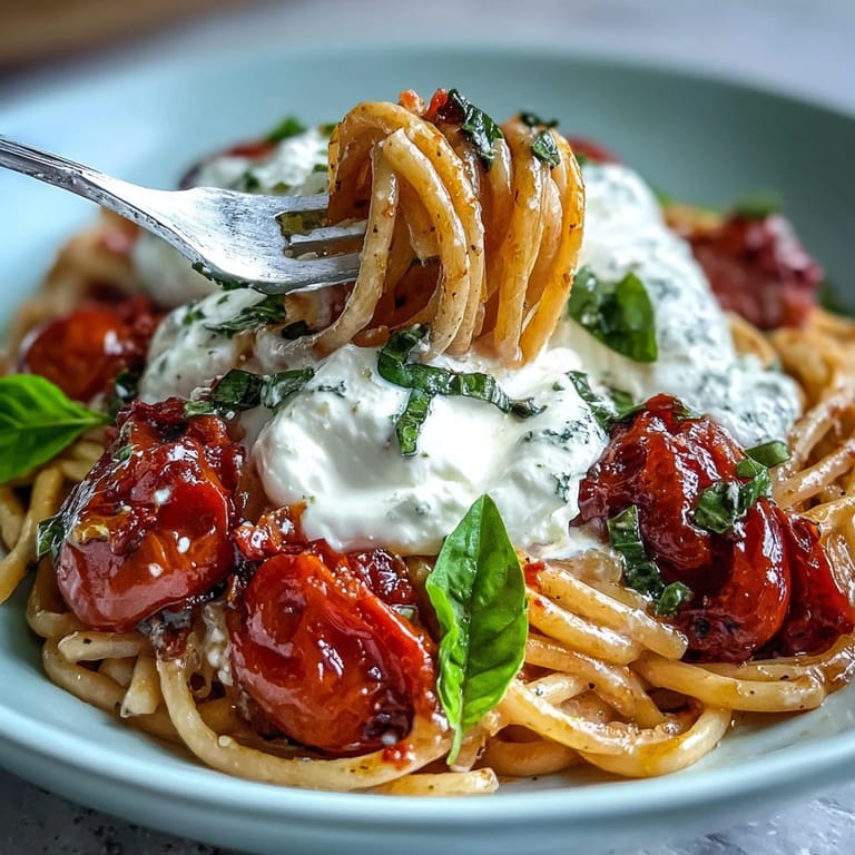 Savory Caprese pasta, featuring luscious burrata and bright basil, ready to serve.