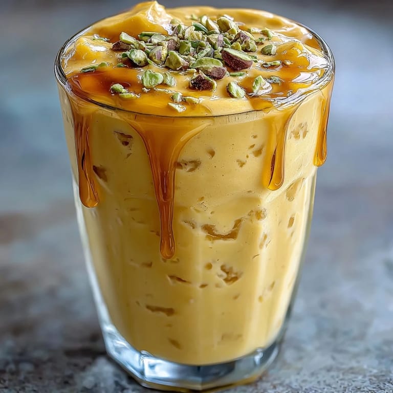 Thick, chilled mango lassi smoothie with a delicate cardamom aroma.