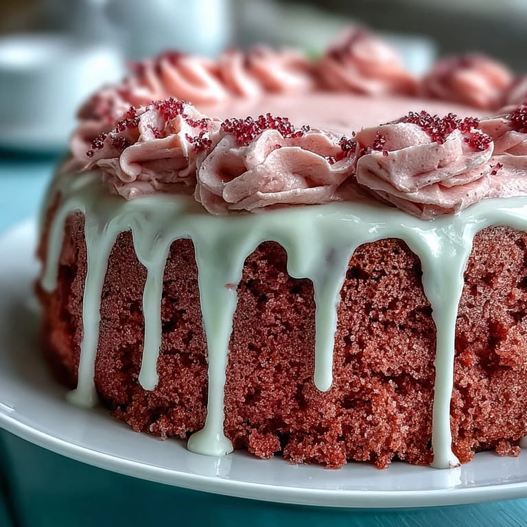 Moist pink velvet cake, subtly rosé infused, drizzled with liquid gold for celebrations.
