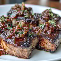 Juicy lamb chops seared and glazed with rich, sweet onion jam and Dijon mustard.  