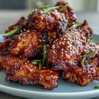 Crispy air fryer Korean fried chicken glazed with spicy-sweet gochujang sauce, sesame seeds, and green onions.  