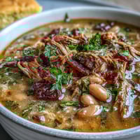 Hearty ham hock and bean soup with tender beans and smoky meat, served with golden cornbread on the side.  