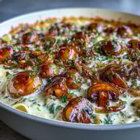 Creamy onion and mushroom stroganoff served over tender egg noodles with fresh parsley garnish.  