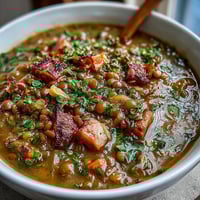 Hearty one-pot ham, onion, and lentil stew with tender lentils and smoky diced ham simmered in rich broth.
