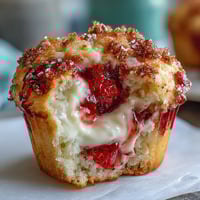 Fresh strawberry cream cheese muffins with swirls of rich cheesecake filling and juicy berries, baked golden and ready to serve warm.