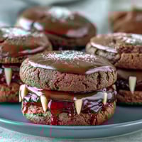 Decadent chocolate cookies with chewy centers and candy fangs, perfect for Halloween dessert spreads.  