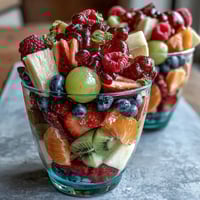 Bunny fruit cups with colorful berries and grapes arranged in clear cups for a healthy Easter snack kids will love.