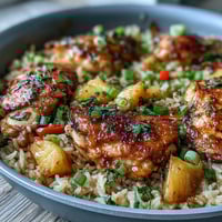 1. Pineapple Chicken and Rice Skillet with Bell Peppers: juicy pineapple, tender chicken, and colorful peppers in a savory-sweet one-pan meal.  