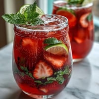 Refreshing strawberry mint mocktail pitcher with ripe berries and fresh mint, served over ice with citrus slices.