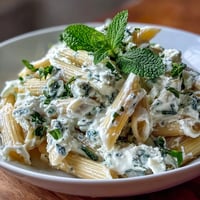 A bowl of creamy pea and ricotta pasta with fresh mint, garnished with Parmesan and lemon zest.