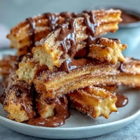 Golden, crispy churro bites rolled in cinnamon sugar, served warm with a glossy chocolate dipping sauce for a festive Cinco de Mayo dessert.