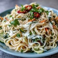 Cold sesame noodle bowl with cucumber, vibrant julienned veggies, and creamy sesame sauce. Refreshing Asian-inspired dish, perfect for summer lunches or light dinners.