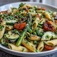 Vibrant spring pasta primavera, showcasing colorful fresh vegetables and a zesty lemon herb sauce.