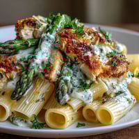 Golden brown, crispy Parmesan asparagus chicken pasta with creamy sauce in a white bowl, garnished with fresh parsley and lemon zest.