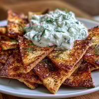 Golden homemade pita chips served with a vibrant, cool tzatziki dip.