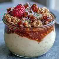 A vibrant lemon chia parfait with layers of zesty pudding, crunchy granola, and tangy raspberry compote.