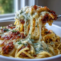 Baked Million Dollar Spaghetti with layers of meat sauce, creamy cheese, and bubbling mozzarella, served in a golden casserole dish.