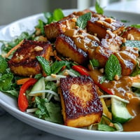 Thai Mango Salad with Crispy Tofu and Peanut Sauce in a white bowl, topped with golden tofu cubes and chopped peanuts, surrounded by fresh mango slices and herbs.